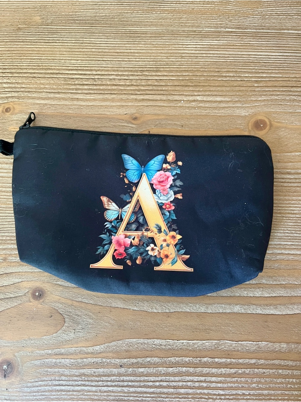 Monogram Initial "A" Floral Cosmetic Bag Water Resistant Lined Makeup Pouch